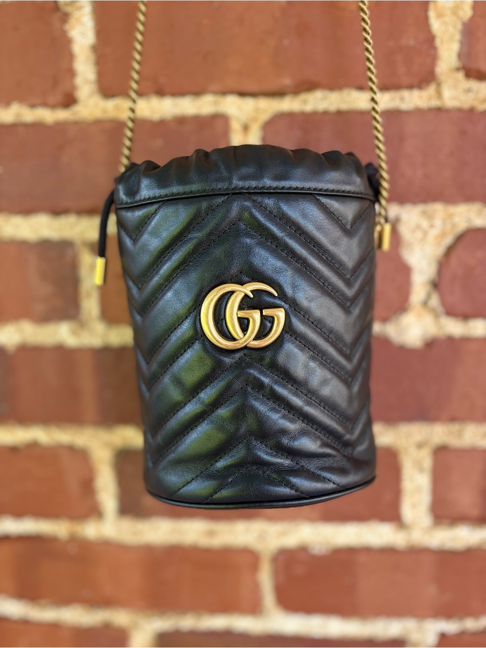 Gucci Black Quilted GG Bucket Crossbody with Gold Hardware